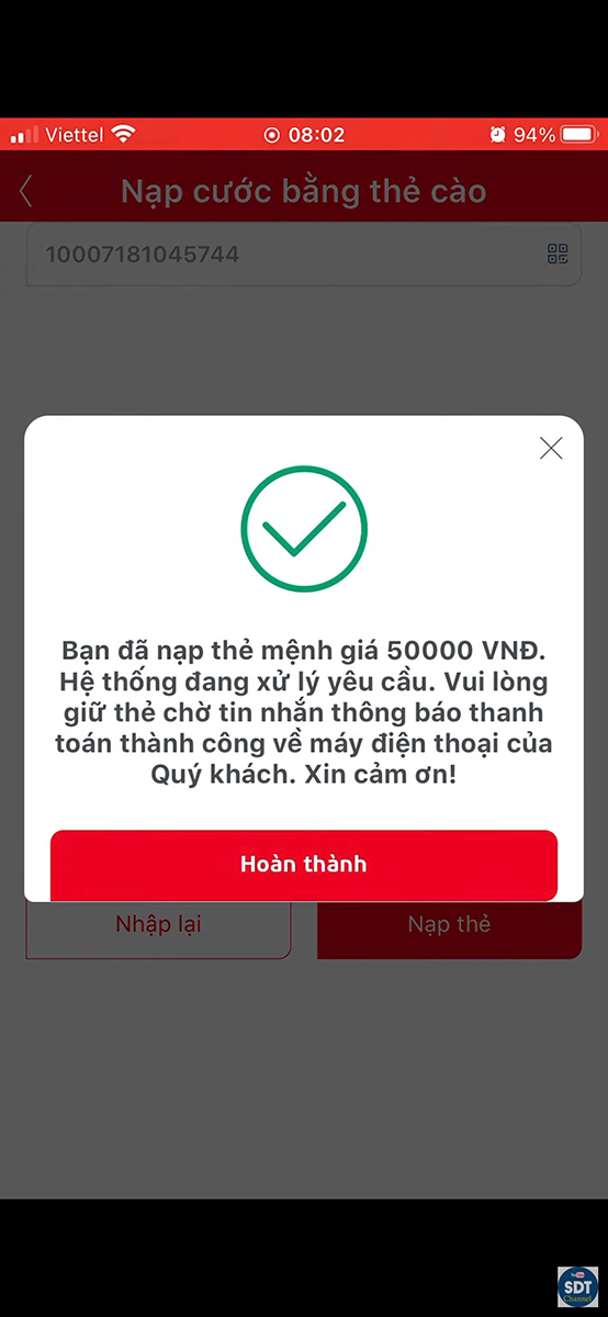 Nạp thẻ thành công